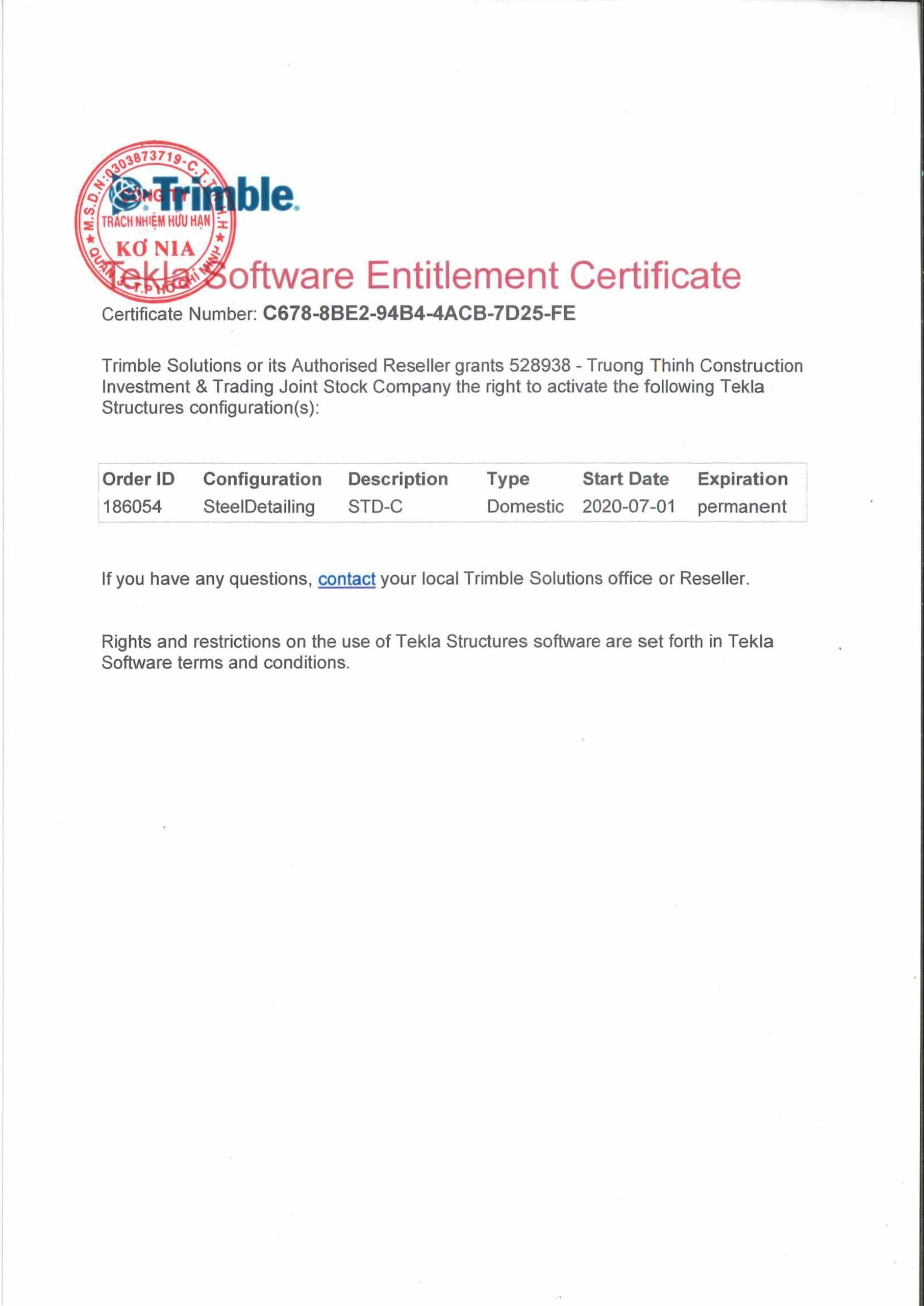 Tekla Structures software license used by Truong Thinh's engineering team
