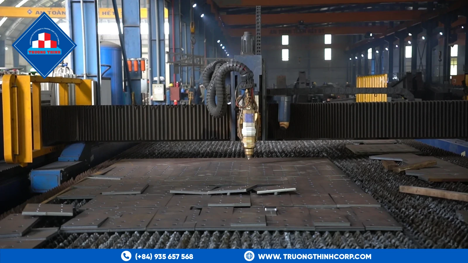 CNC laser cutting of structural steel plate at Truong Thinh Corp's fabrication factory in Vietnam