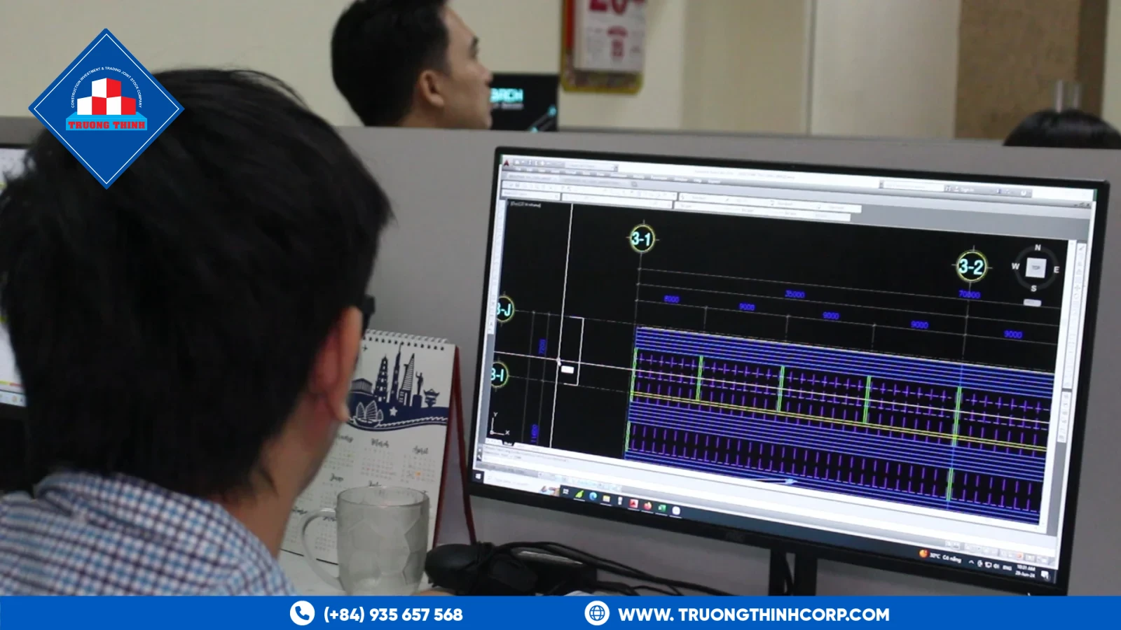 Structural engineers detailing a pre-engineered steel building frame using Tekla Structures at Truong Thinh Corp