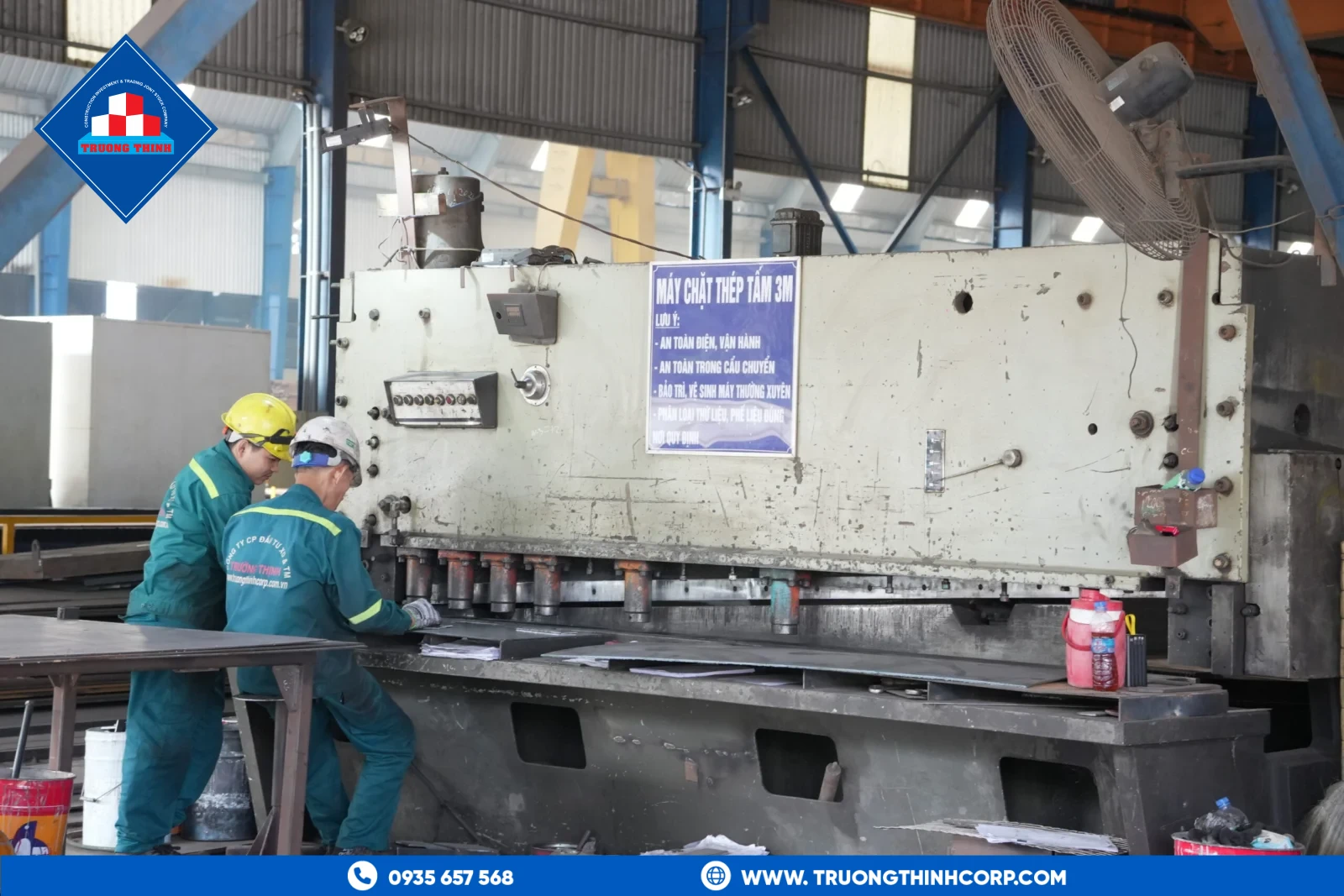 CNC steel cutting machine processing plate for column fabrication at Truong Thinh Corp