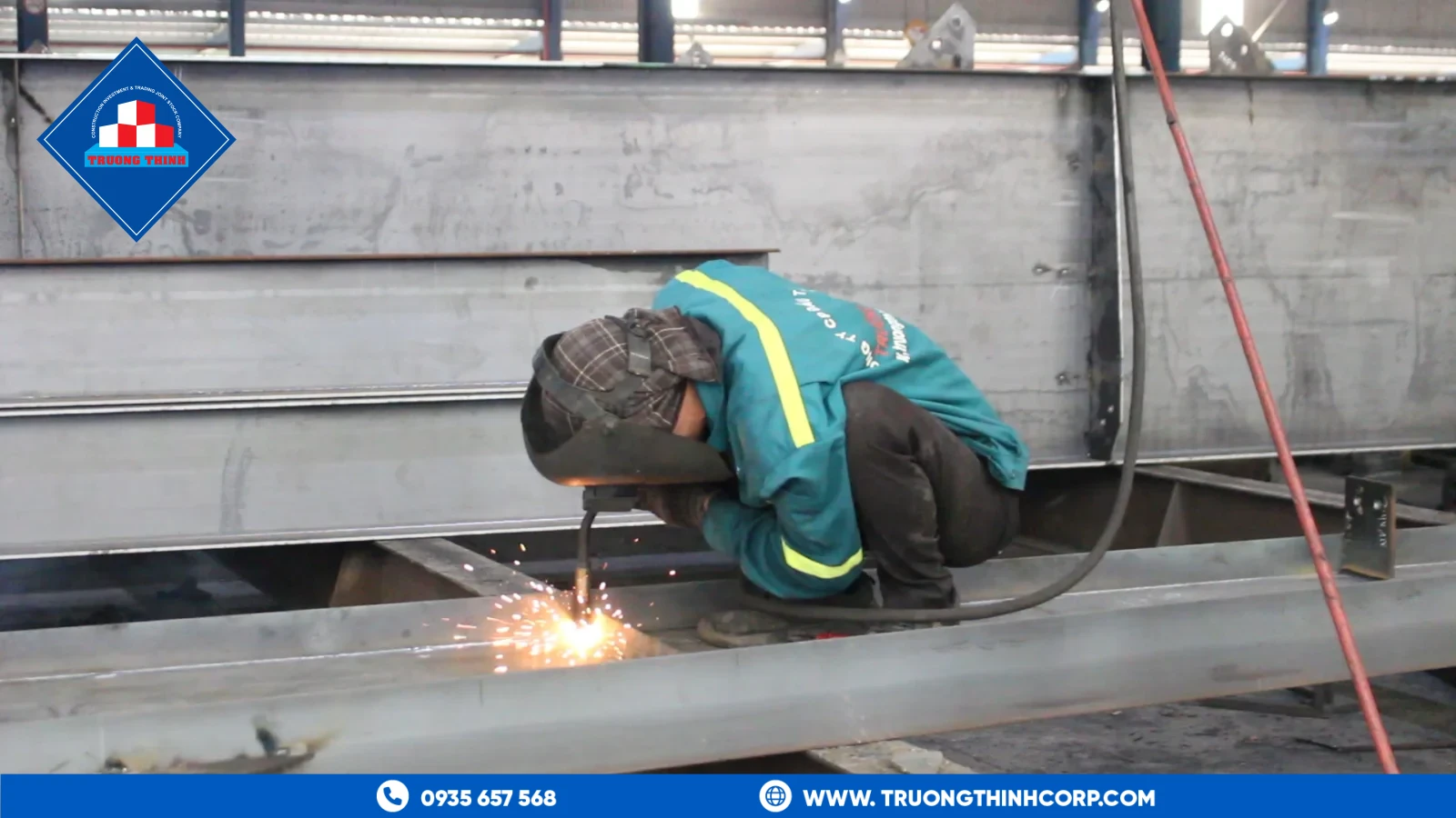 Finished structural steel truss connection after welding and non-destructive testing at Truong Thinh Corp
