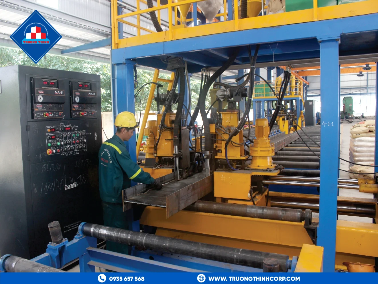 Gantry welding line fabricating built-up H-beam sections at Truong Thinh Corp's factory in Vietnam