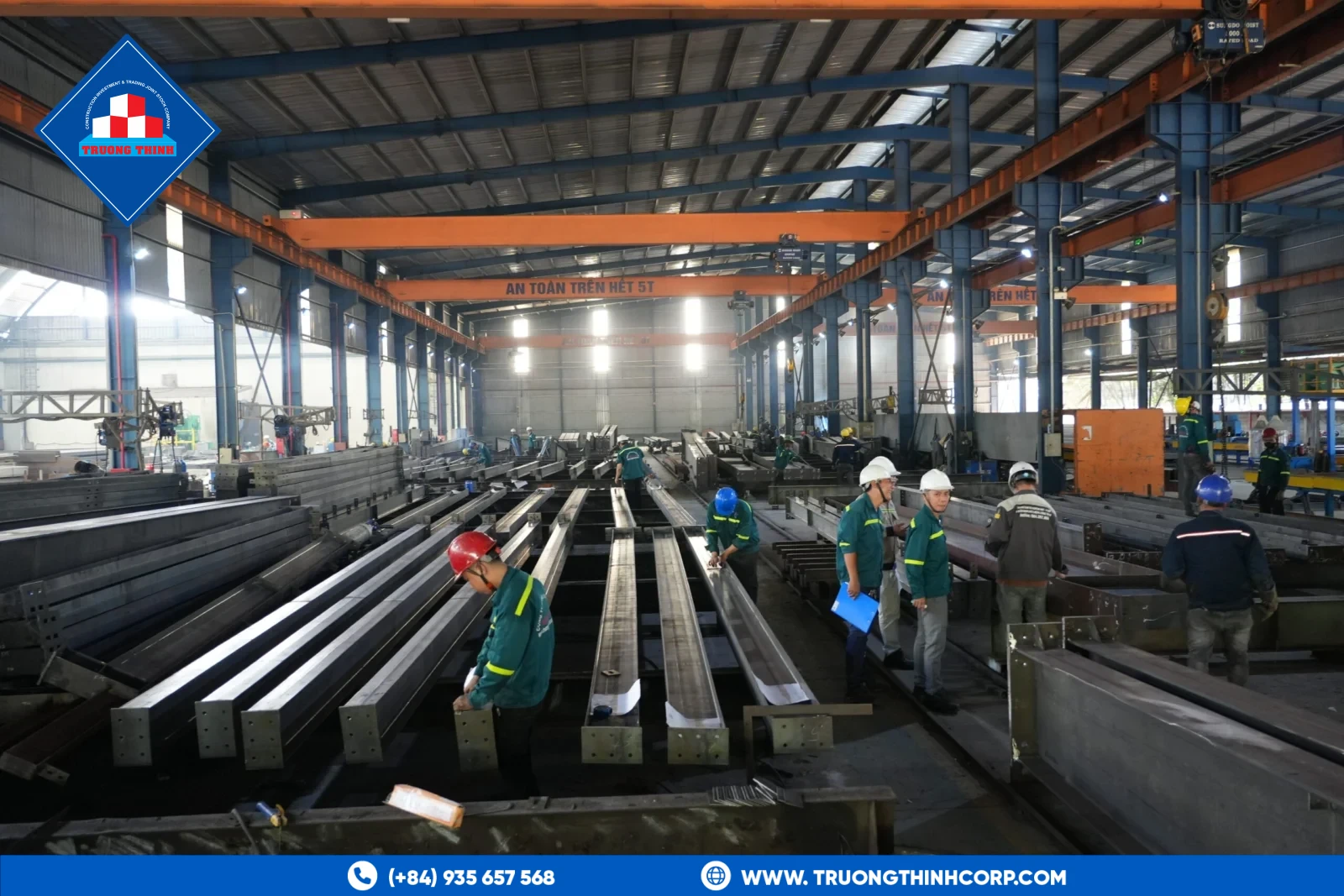 Fabrication hall at the Truong Thinh Corp factory with structural steel members in production