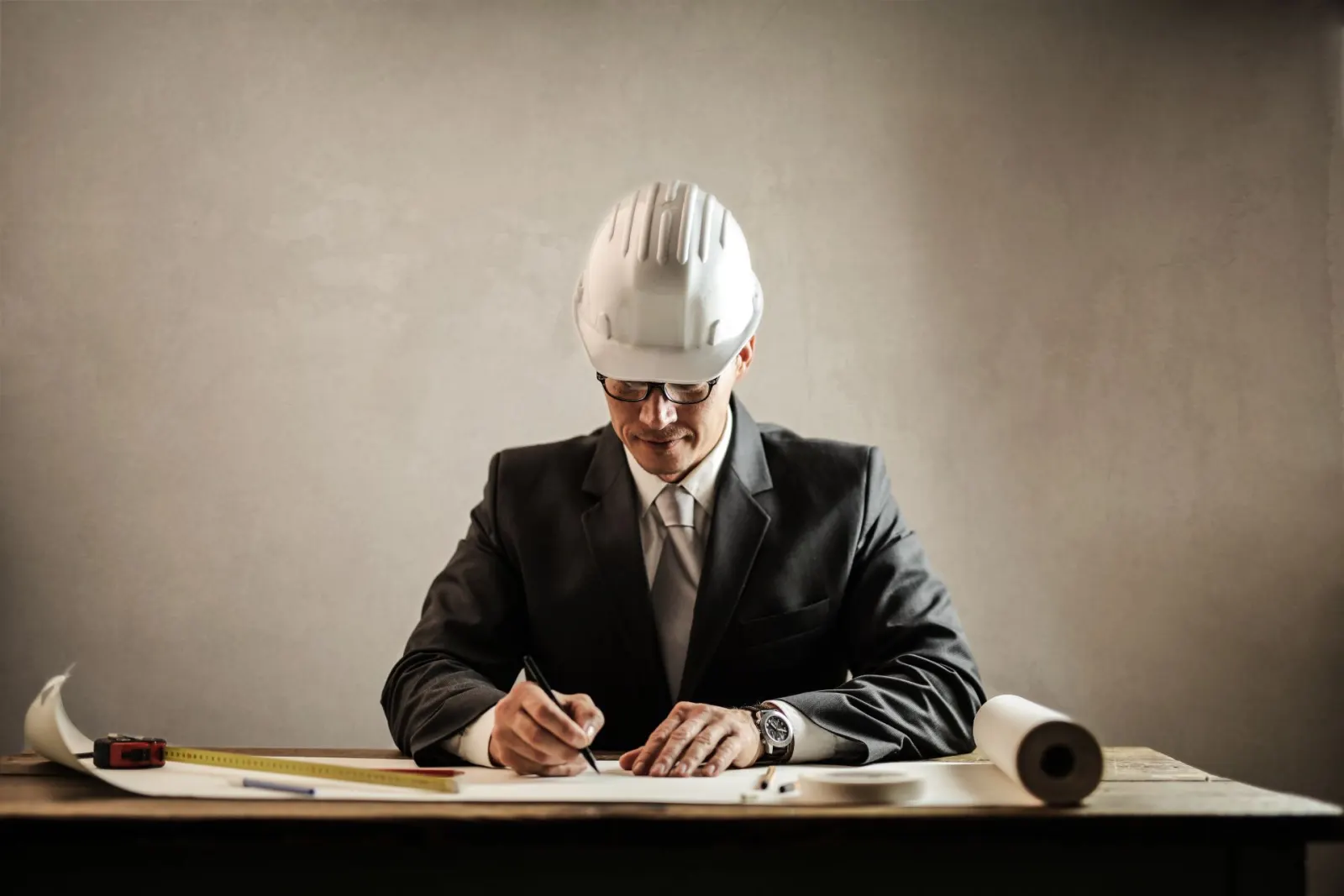 Engineer in a hard hat reviewing construction drawings at a desk