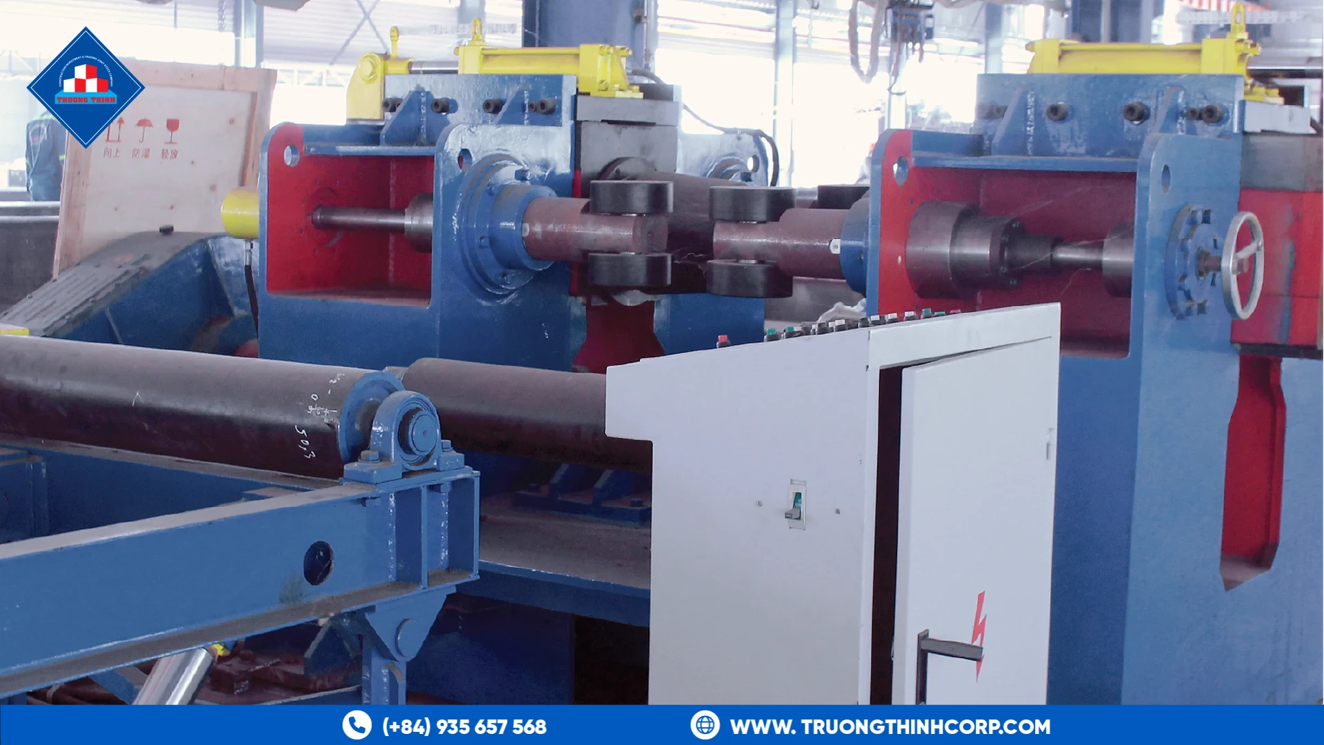 Beam-straightening machine correcting camber on a fabricated steel beam at Truong Thinh Corp