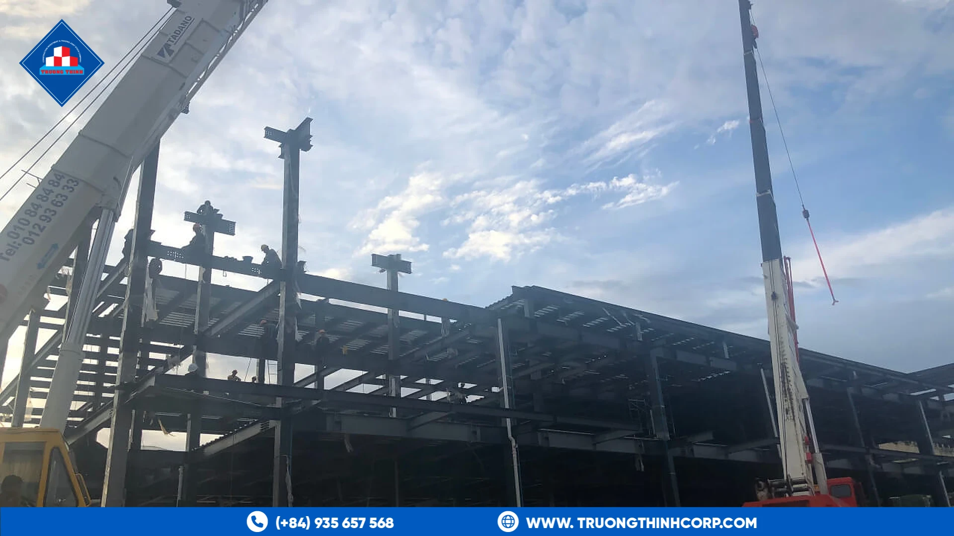 Steel frame erection with a mobile crane at a commercial center project in Phnom Penh, Cambodia