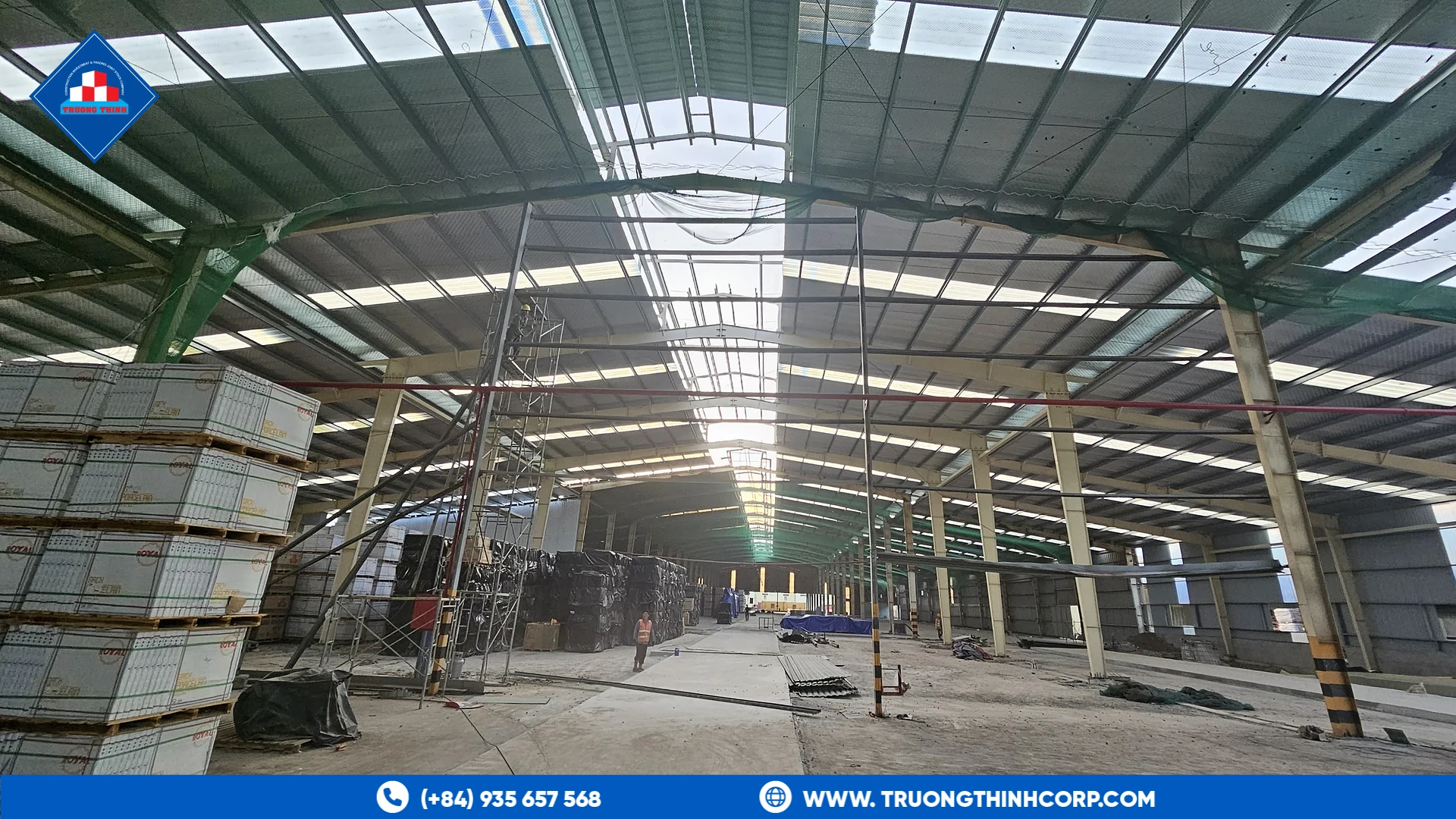 Interior of a large clear-span steel warehouse built by Truong Thinh Corp for the Royal House factory project