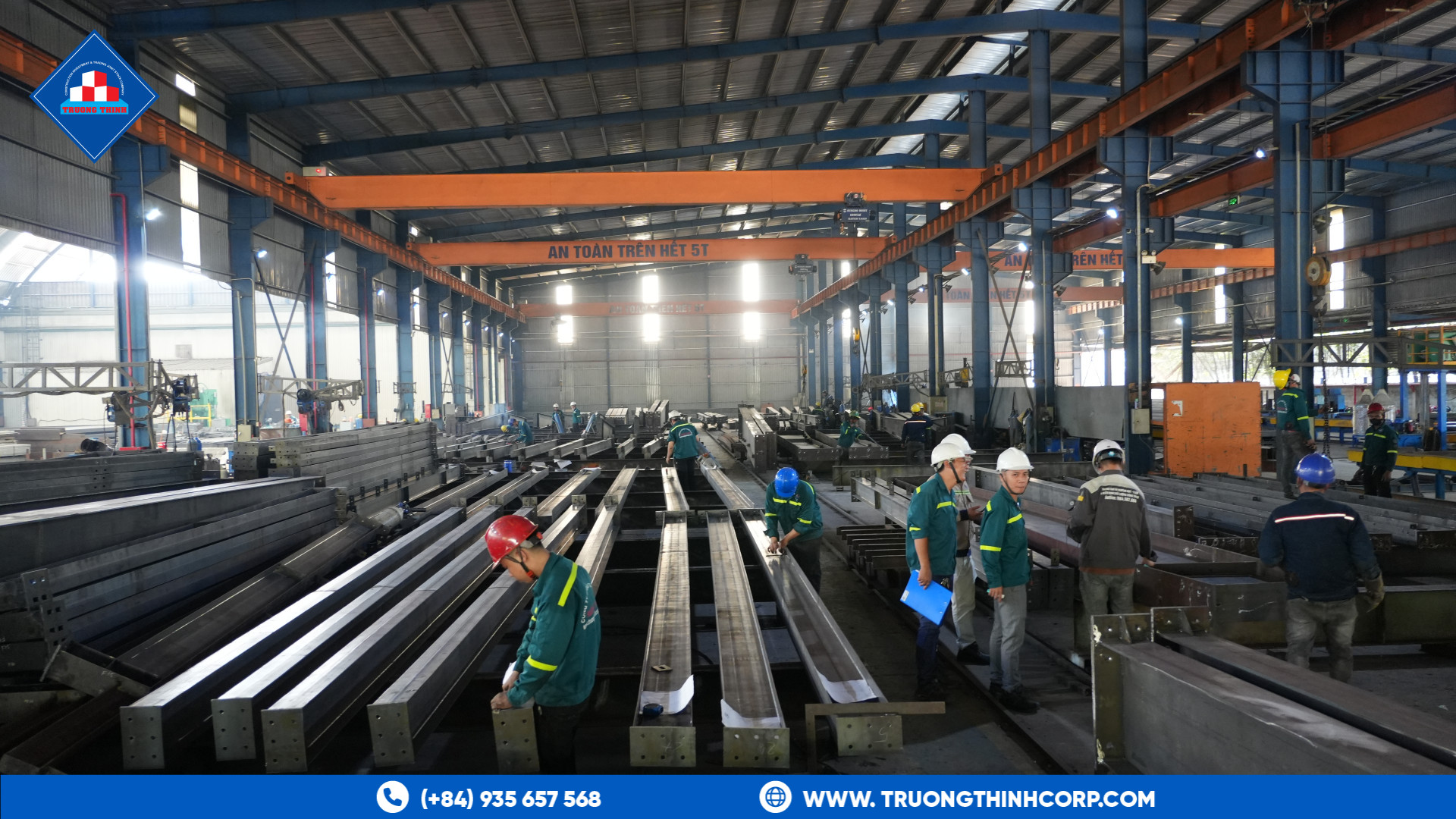 Structural steel beams being prepared in a Truong Thinh fabrication workshop