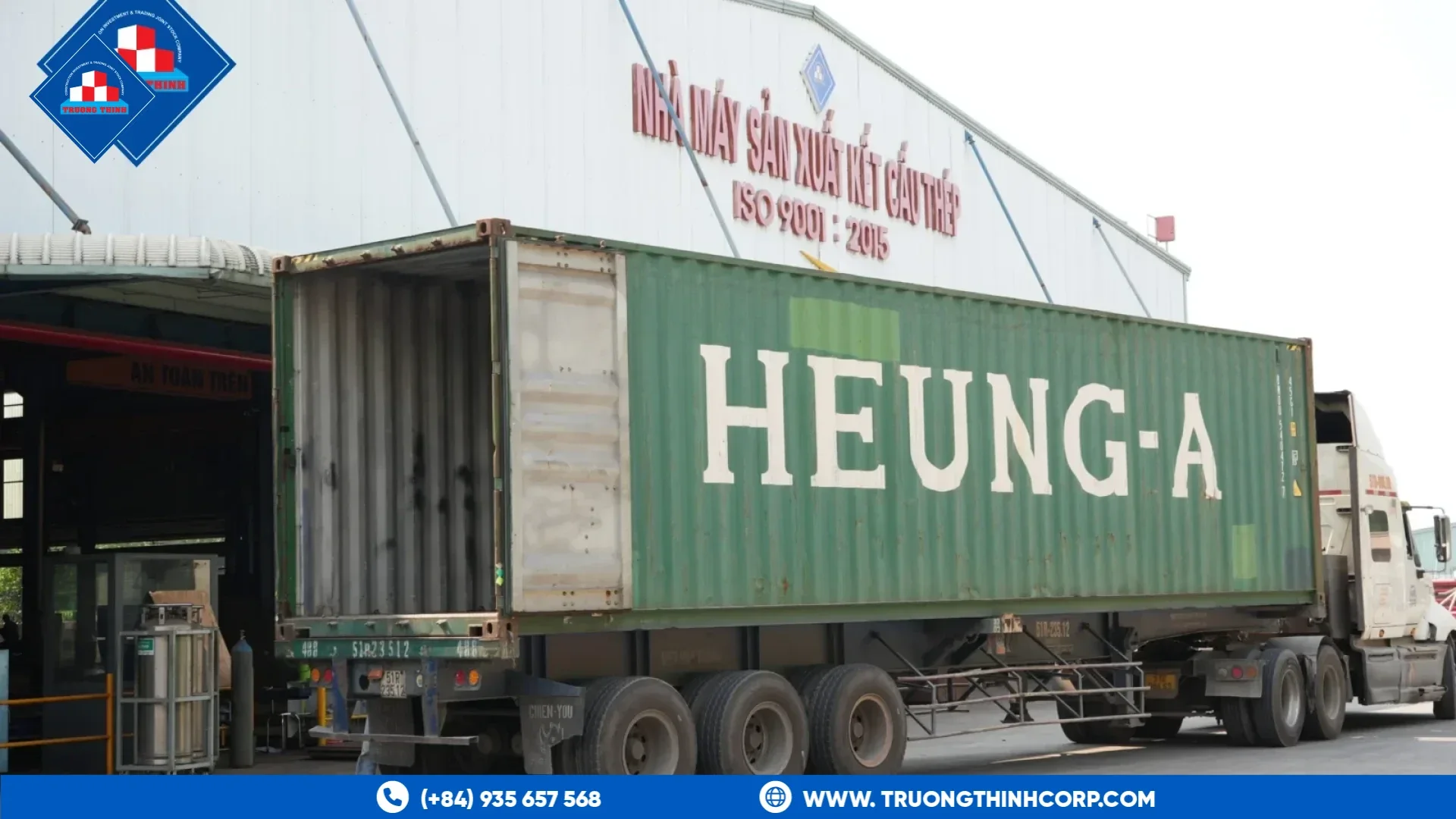 Export container truck loading fabricated steel structure components at Truong Thinh Corp factory