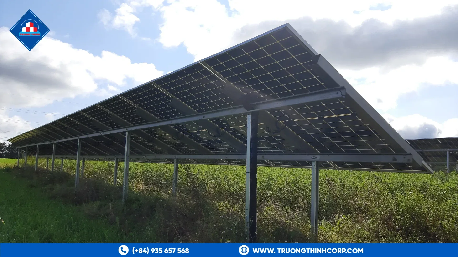 Fixed-tilt steel mounting structure supporting solar panels in a photovoltaic array