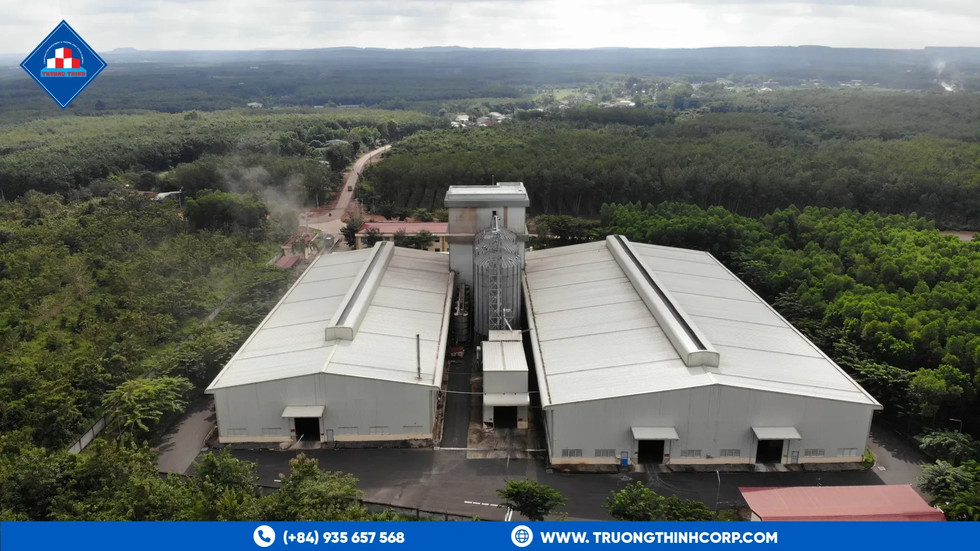 Aerial view of the DABACO animal feed plant in Binh Phuoc, an industrial steel building reference project