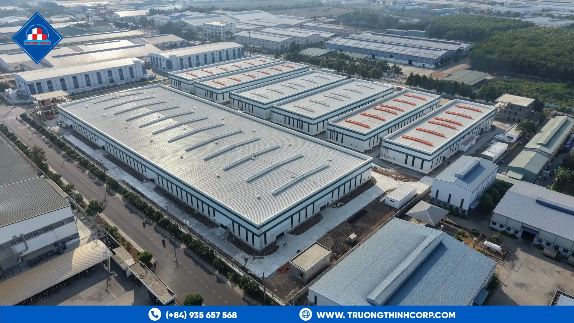 Aerial view of steel-structure factory buildings in the Viet Huong industrial park built by Truong Thinh Corp