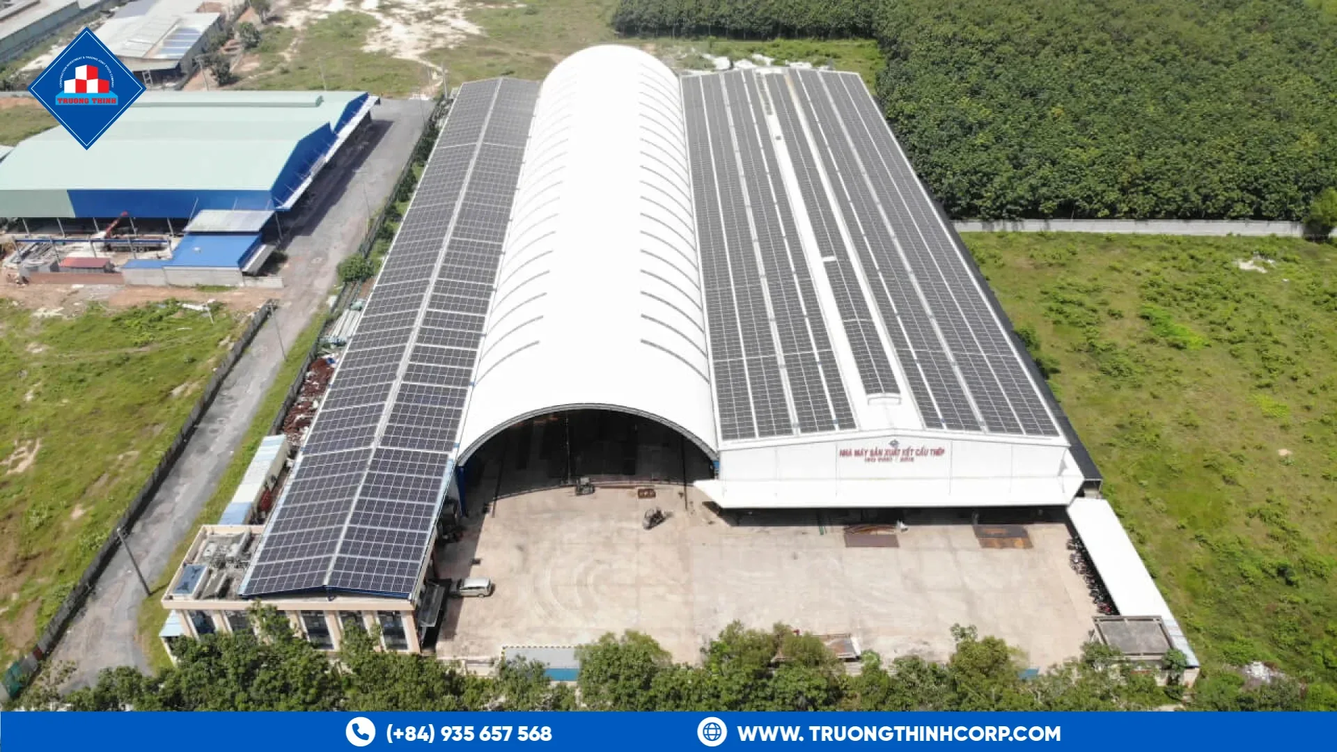 Aerial view of Truong Thinh Corp steel structure factory with rooftop solar panels in Vietnam