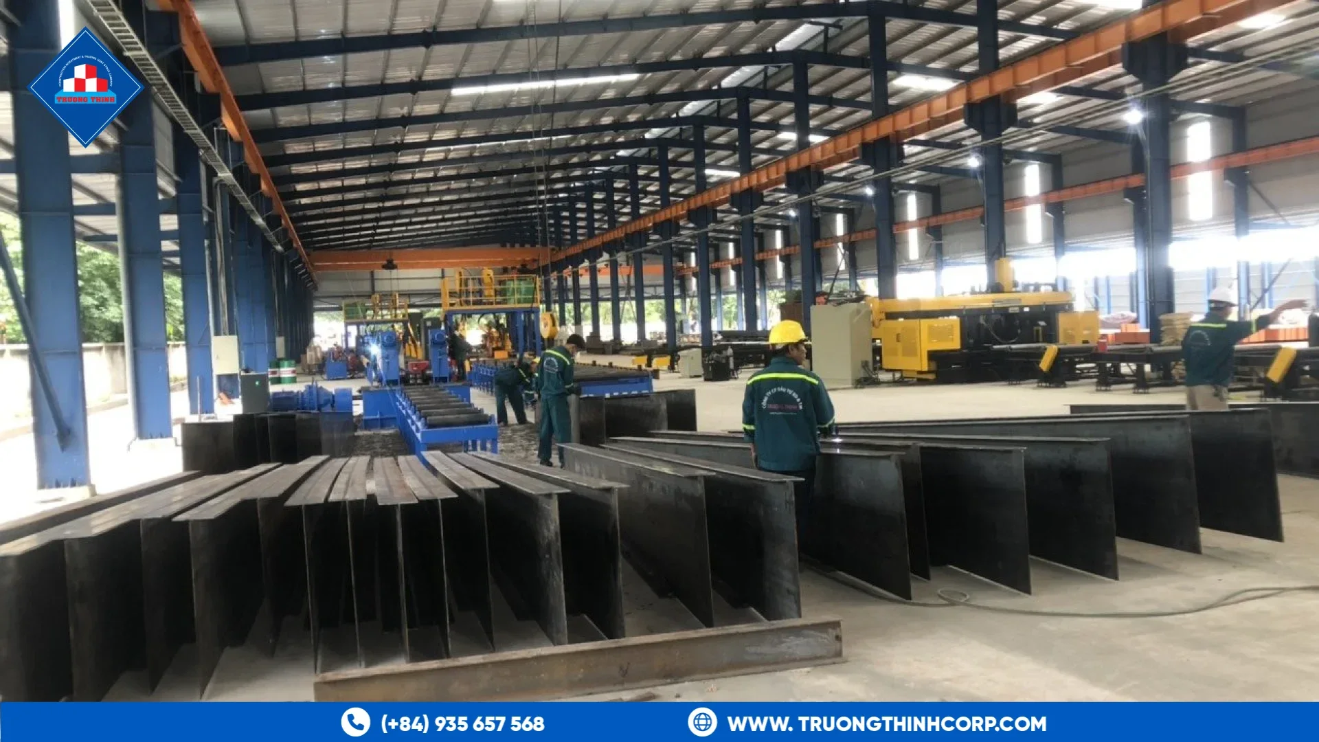 Beam cutting and fabrication line in Truong Thinh Corp steel workshop