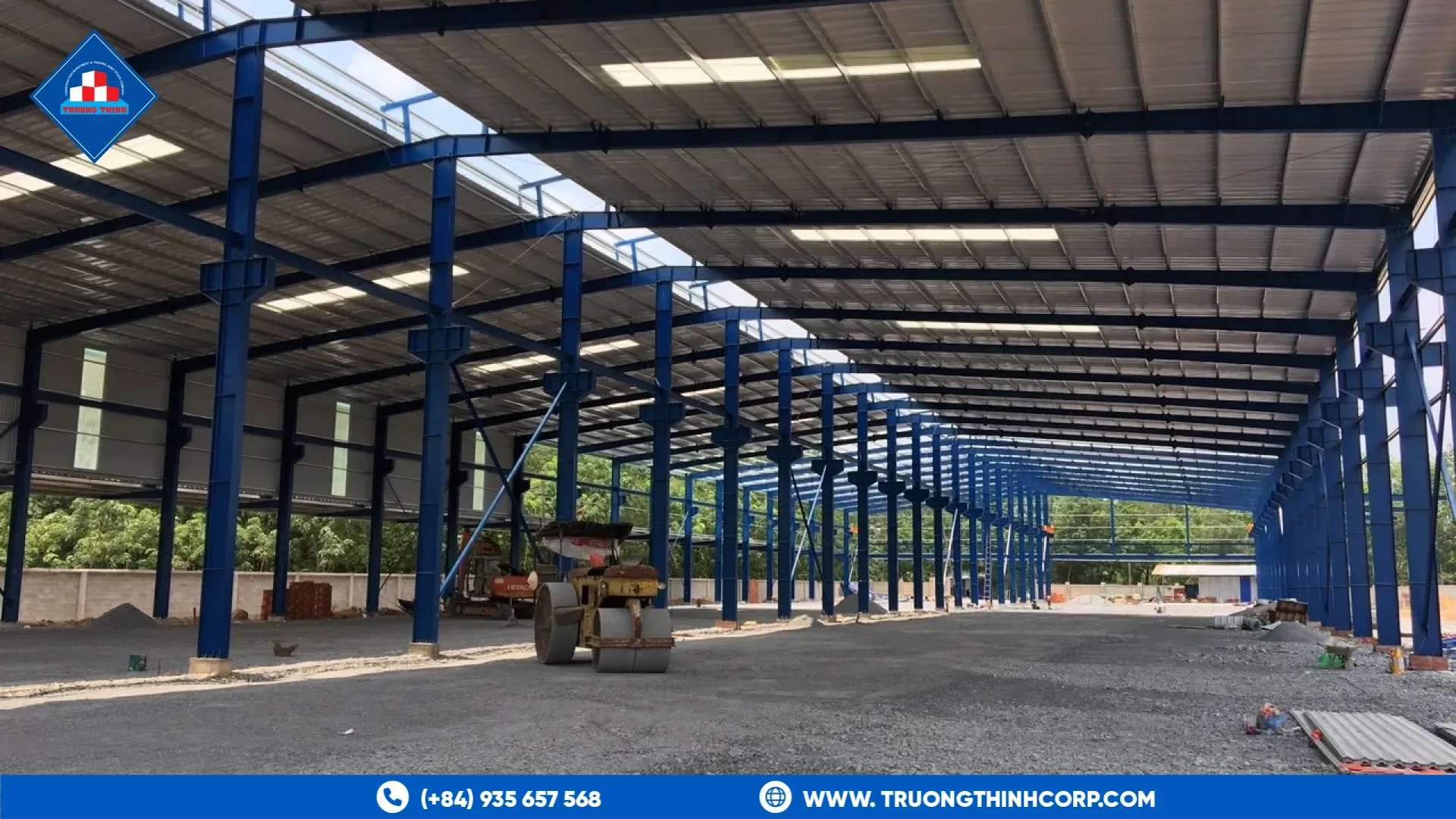 Interior of Truong Thinh Corp steel fabrication factory with steel columns and production bays