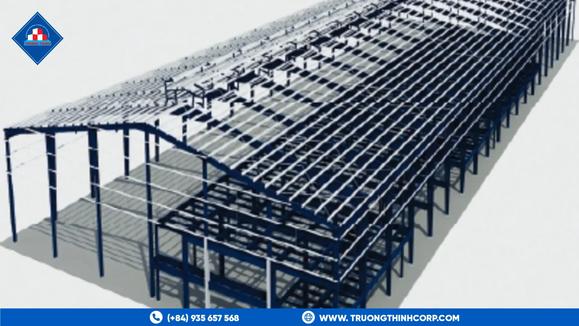3D rendering of a pre-engineered steel building frame with tapered columns and rafters