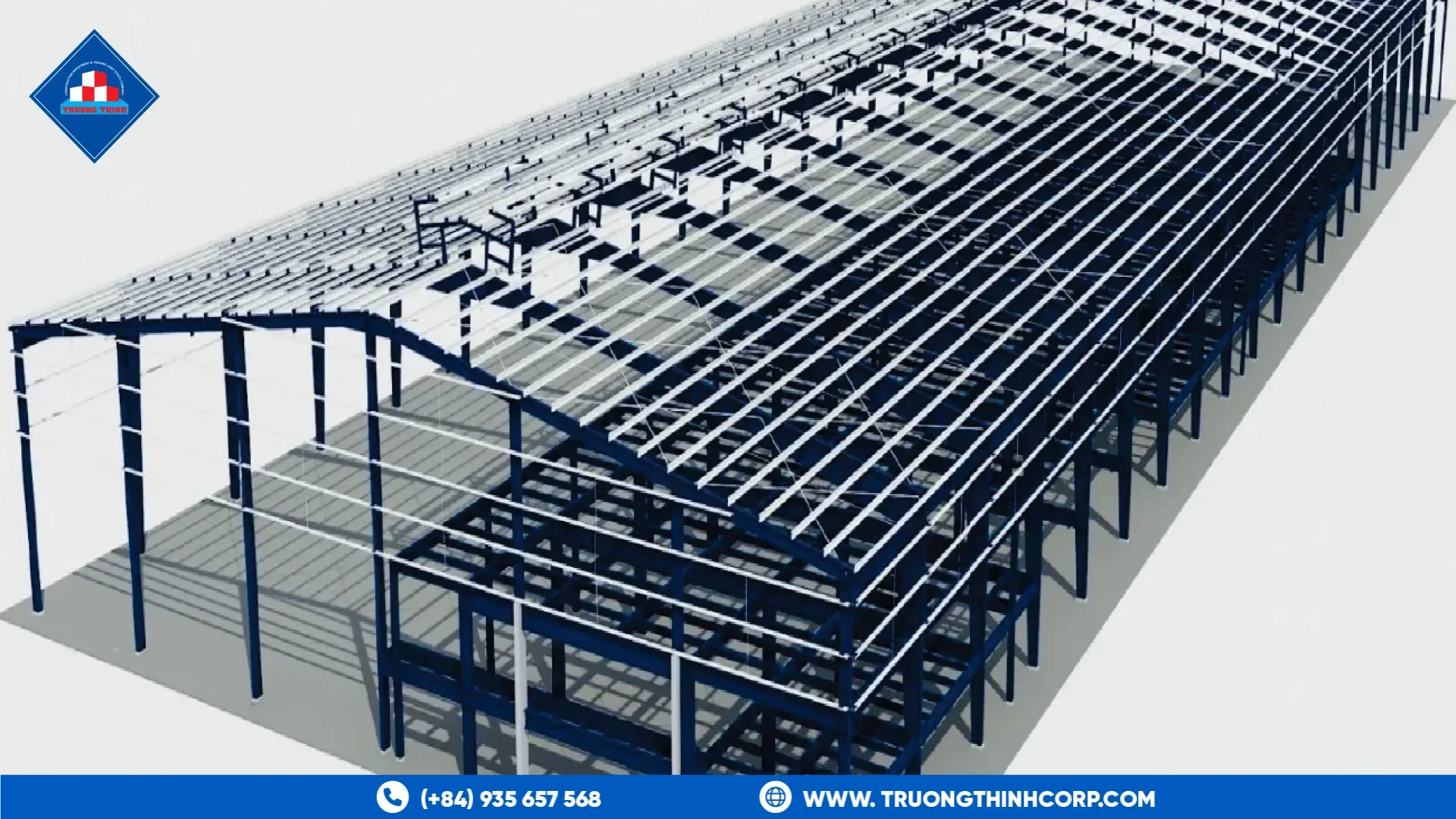 Rendering of a pre-engineered steel structure showing portal frames and purlins