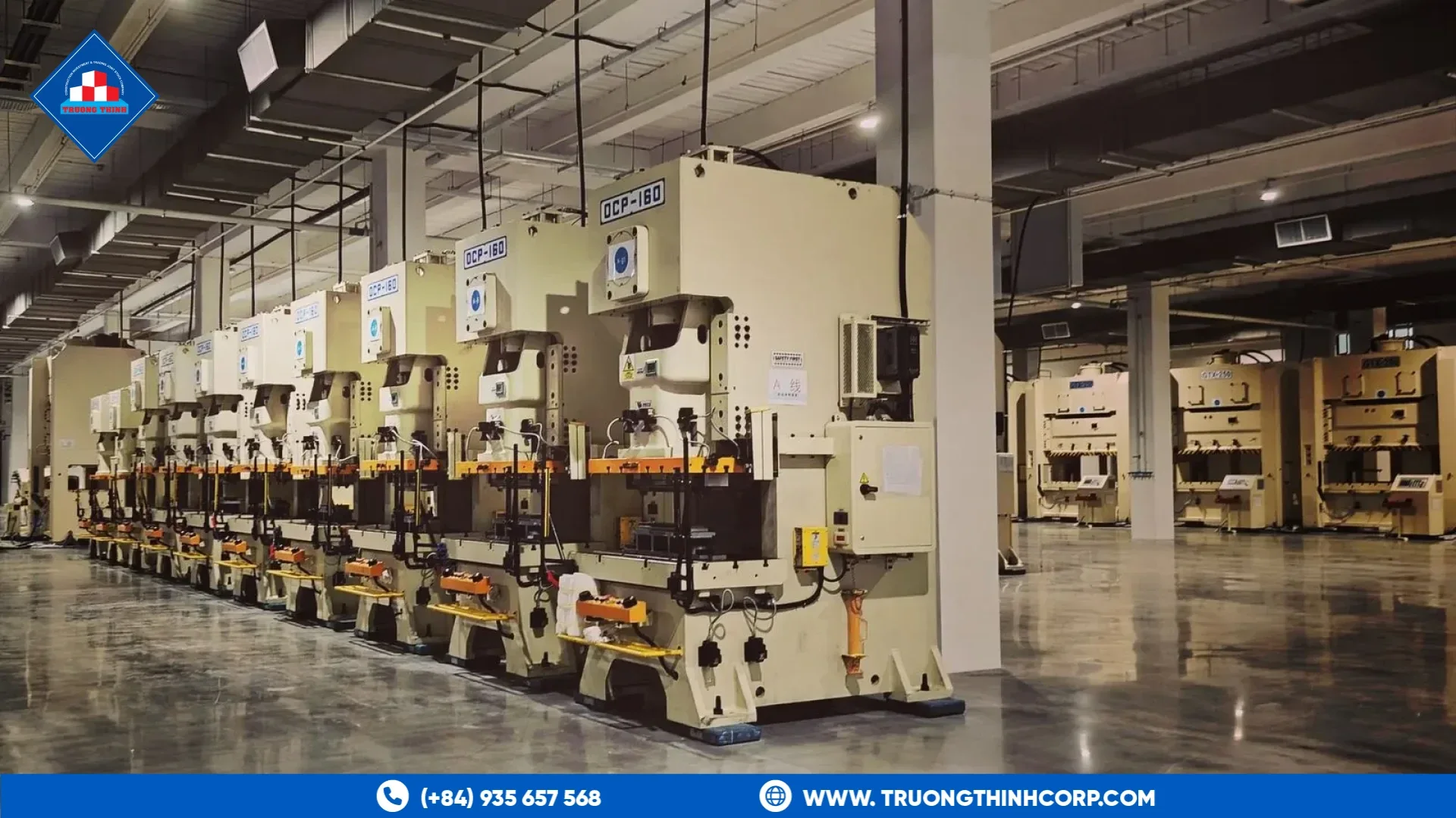 Row of metal-forming presses on a factory floor, the kind of equipment that processes members detailed from shop drawings