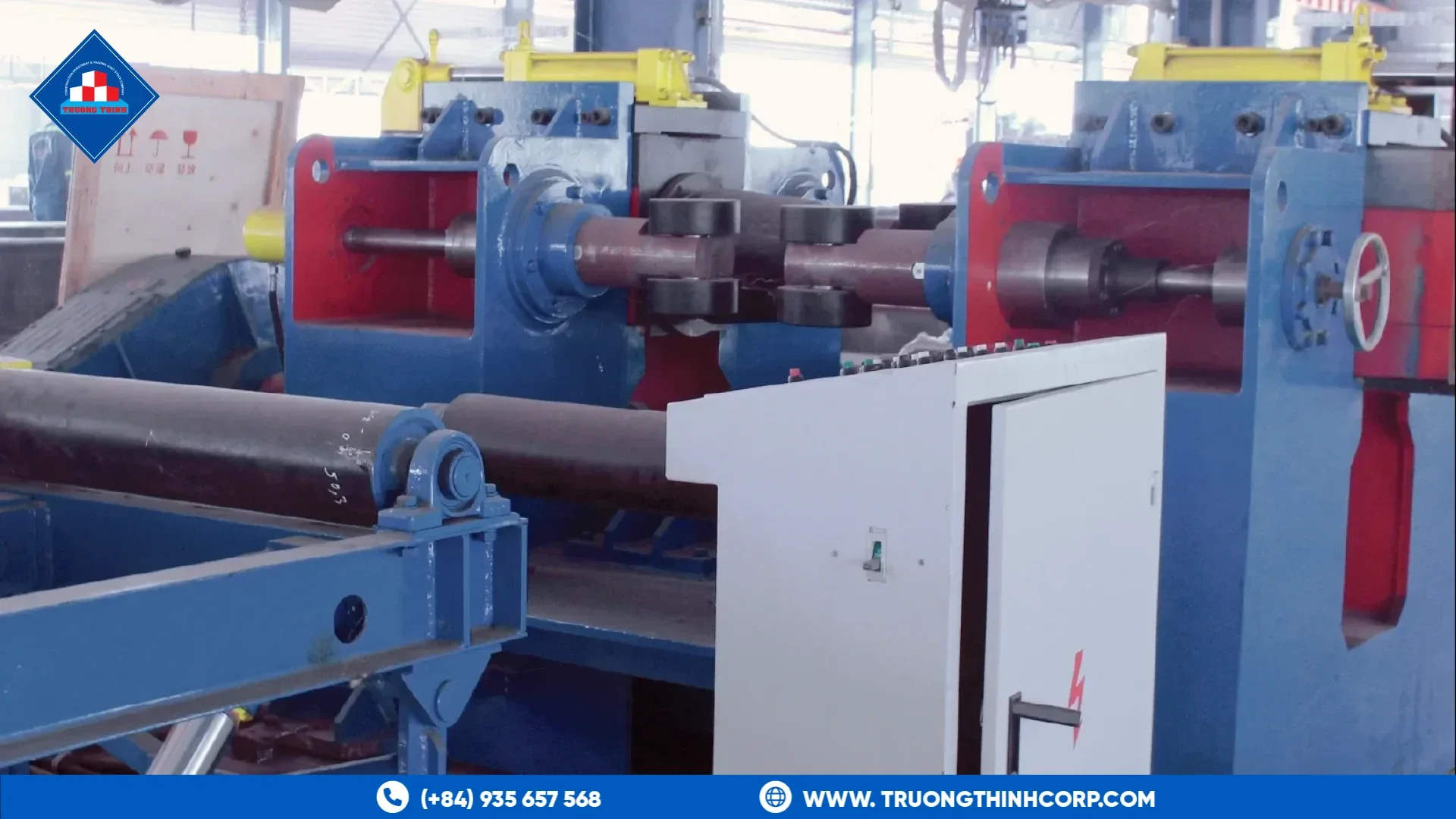 Beam straightening machine correcting structural sections in Truong Thinh Corp's factory