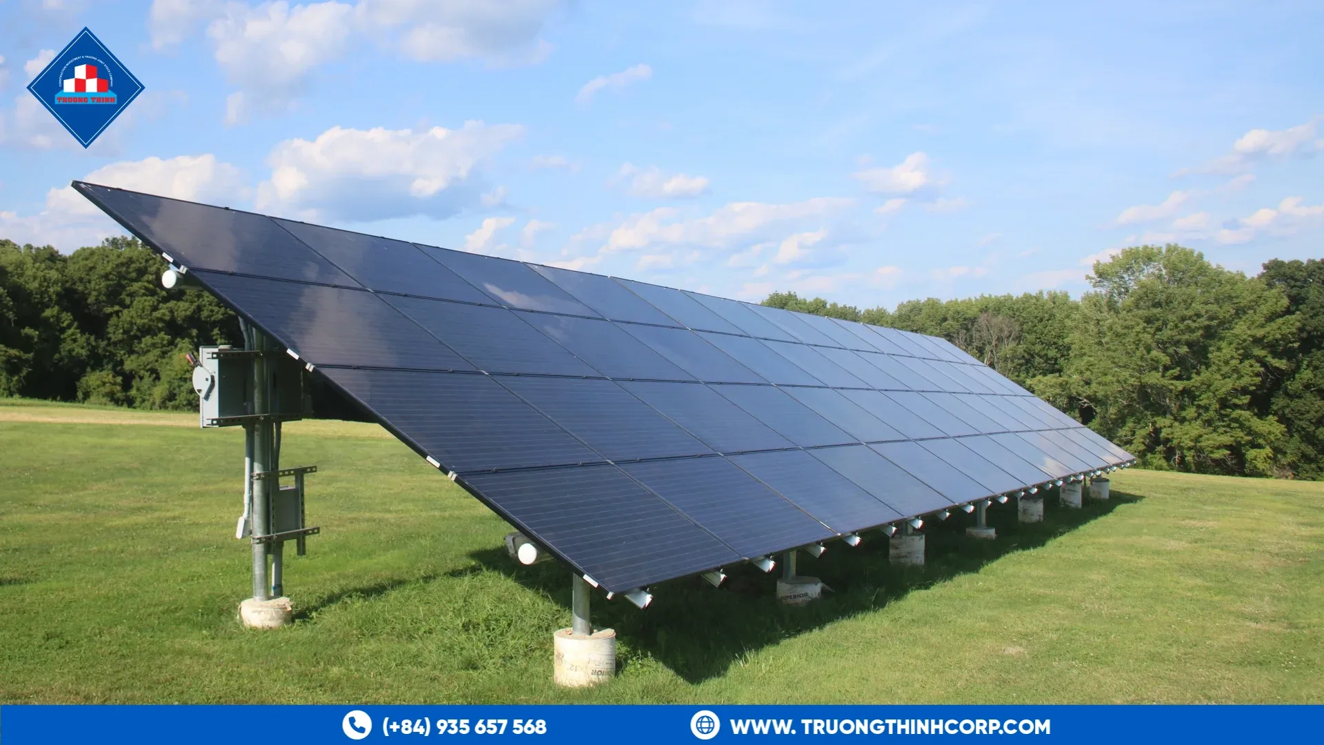 Ground-mounted solar panel array held by steel posts on concrete footings